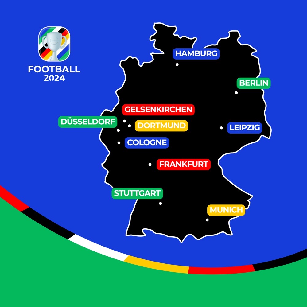 Fußball 2024 Gastgeberstädte. Landkarte von Deutschland mit Städten, die die Fußball-Europameisterschaft 2024 ausrichten.